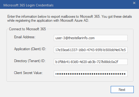 Microsoft 365 Login Credentials dialog box opens. Enter Email Address, Application (Client) ID, Directory (Tanant) ID and Client Secret Value to export mailboxes to Microsoft 365. Click Next to continue.
